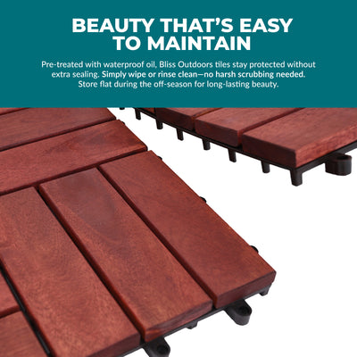Bliss Outdoors Hardwood 12-Slat Interlocking Wood Deck Tiles, Red, Set of 30 - VMInnovations