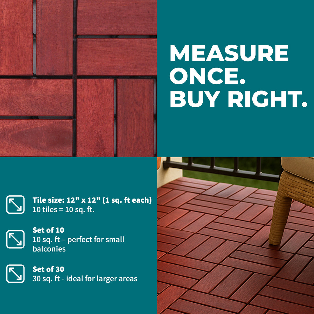 Bliss Outdoors Hardwood 12-Slat Interlocking Wood Deck Tiles, Red, Set of 30