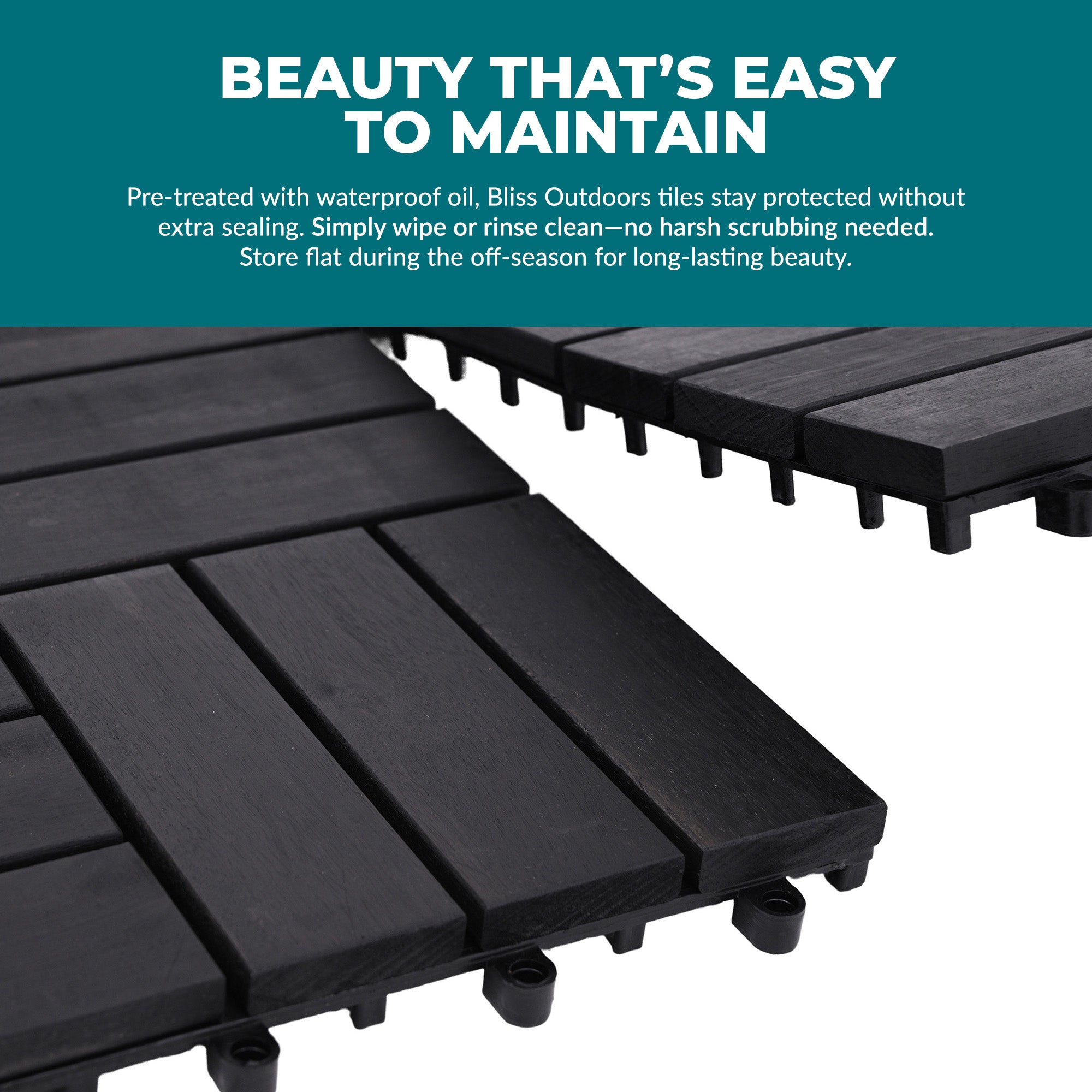 Bliss Outdoors Hardwood 12-Slat Interlock Wood Deck Tiles, Aged Black, Set of 30