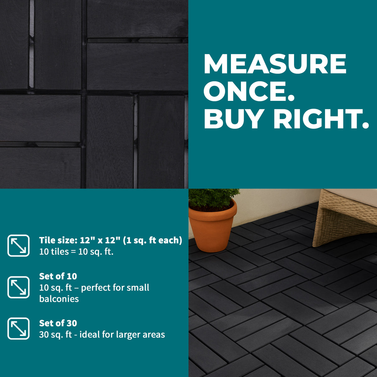 Bliss Outdoors Hardwood 12-Slat Interlock Wood Deck Tiles, Aged Black (Open Box)