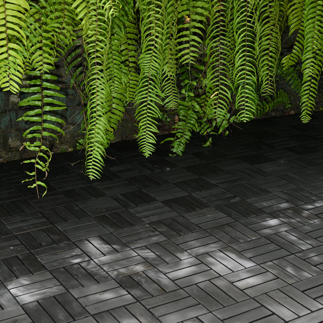 Bliss Outdoors Hardwood 12-Slat Interlocking Wood Deck Tiles, Black, Set of 30