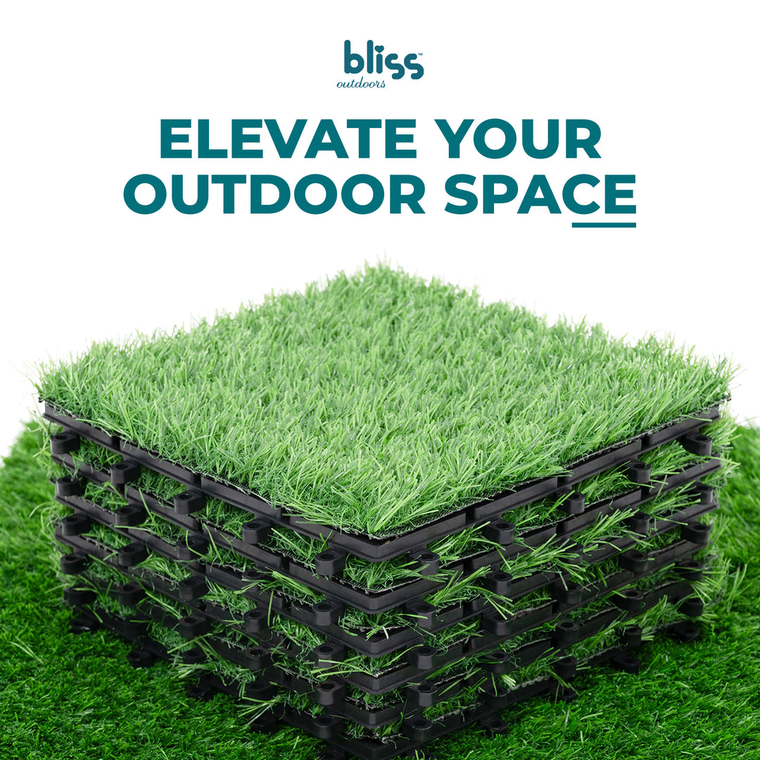 Bliss Outdoors 12"x12" Artificial PP Grass Interlocking Tiles, Green, Set of 30