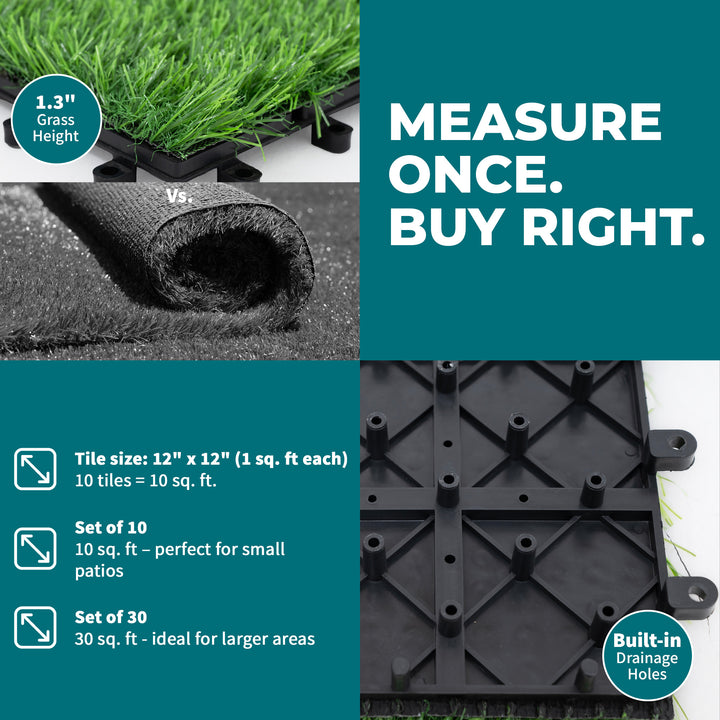 Bliss Outdoors 12"x12" Artificial PP Grass Interlocking Tiles, Green, Set of 30
