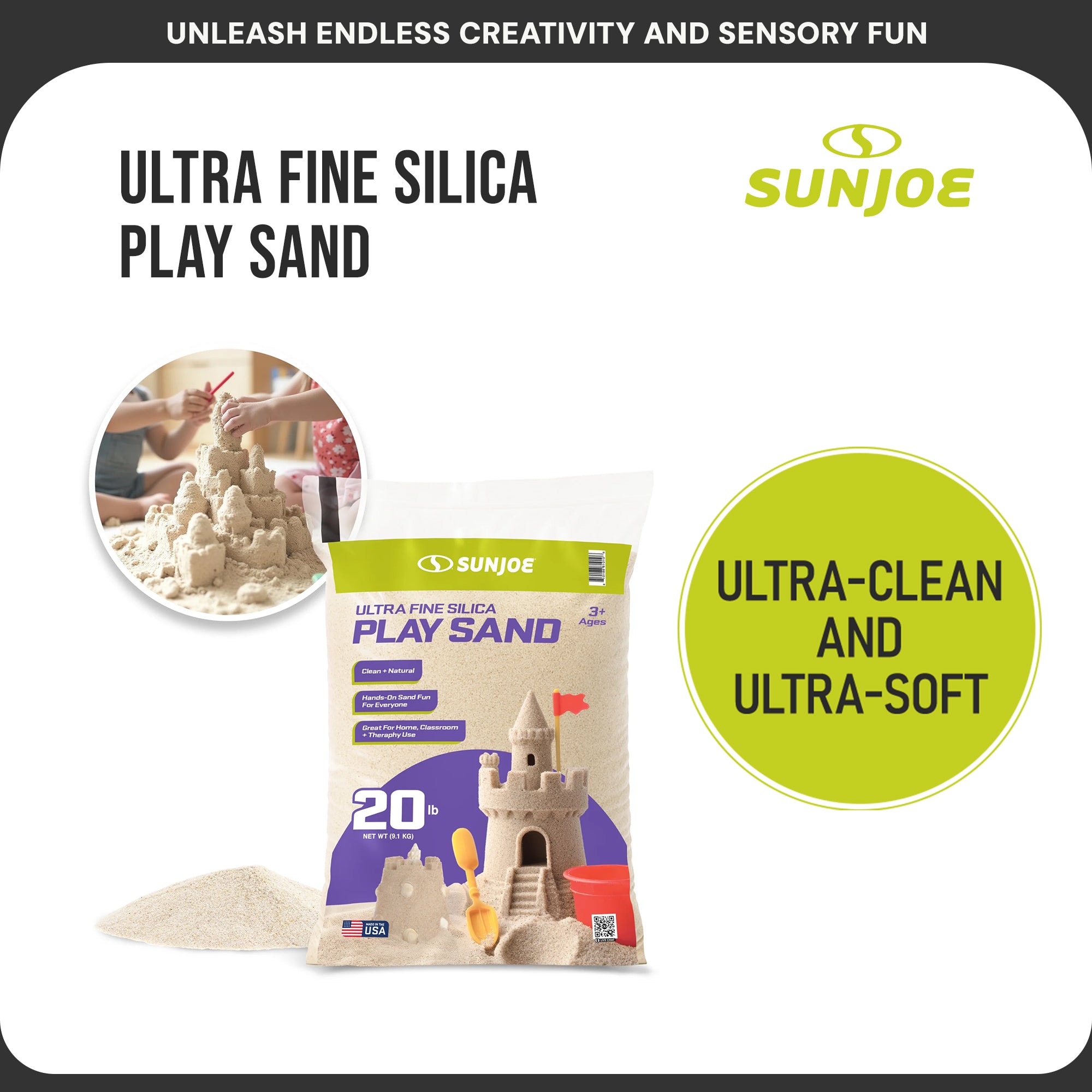 Sun Joe Ultra Fine Silica Play Sand for Sandboxes and Sensory Tables, 20lb, PLYSAND20