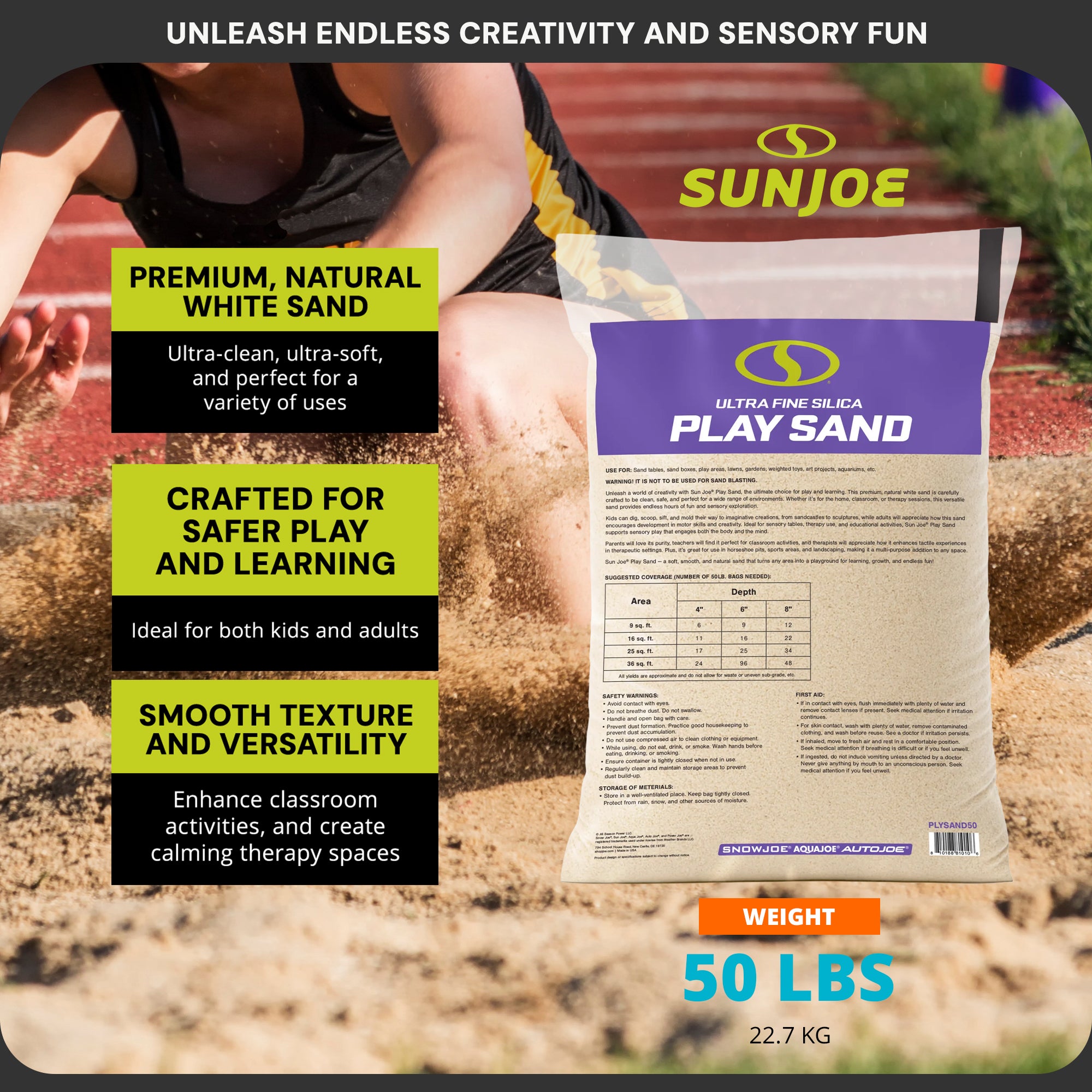 Sun Joe Ultra Fine Silica Play Sand for Sandboxes and Sensory Tables, 50 lbs, PLYSAND50