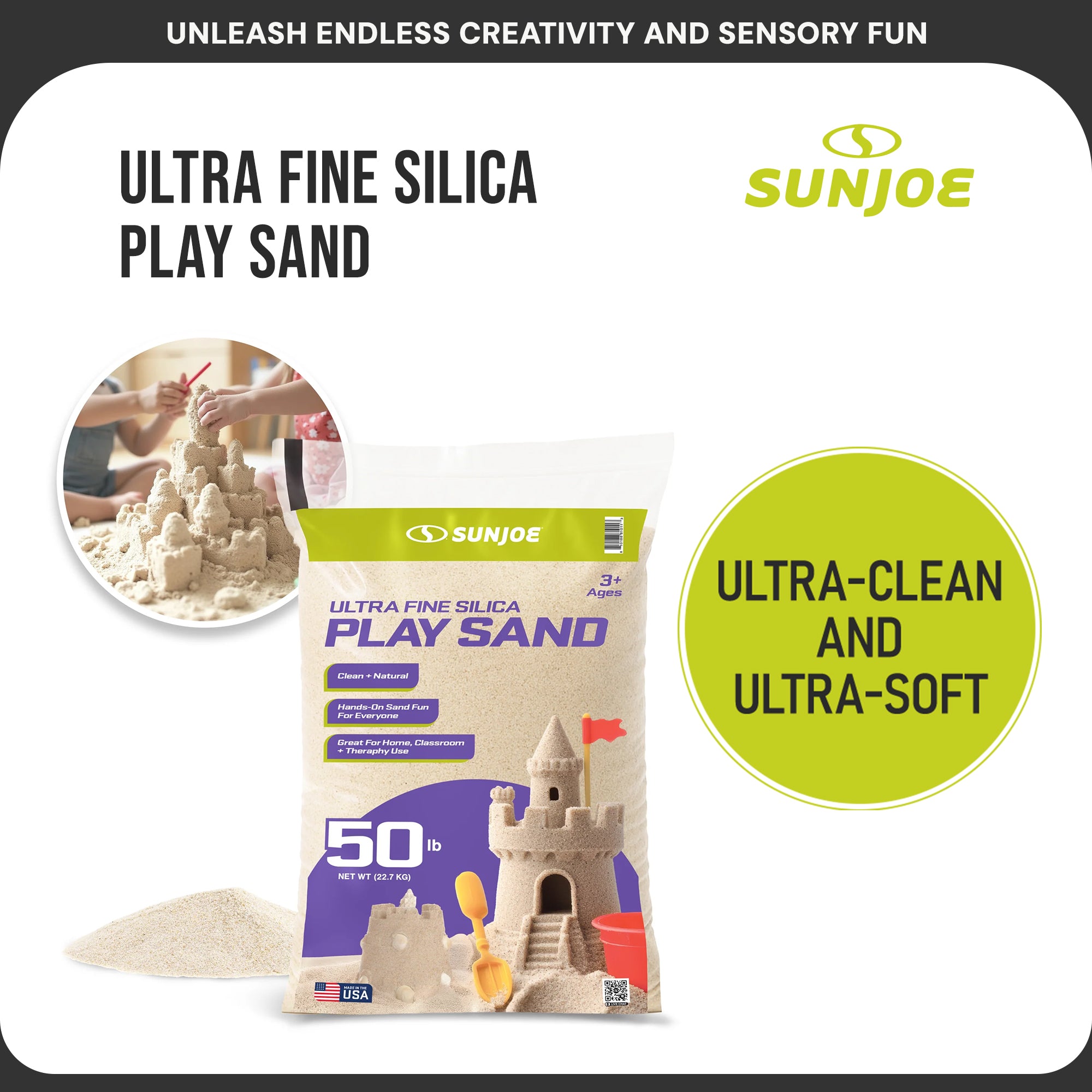 Sun Joe Ultra Fine Silica Play Sand for Sandboxes and Sensory Tables, 50 lbs, PLYSAND50