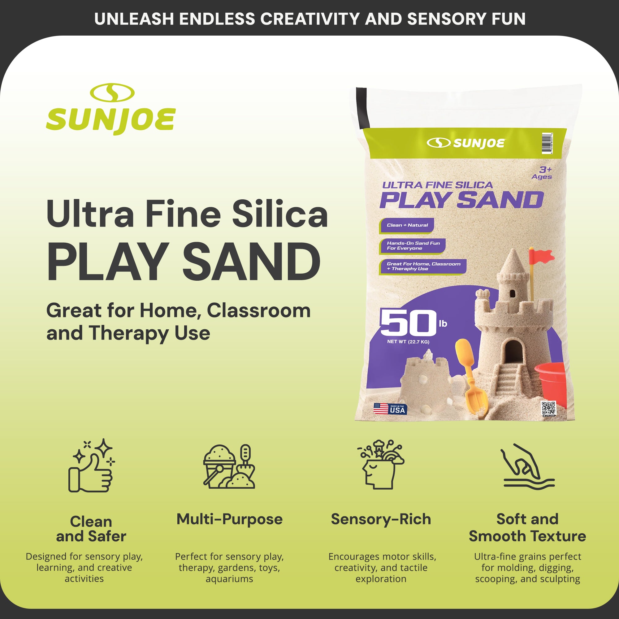 Sun Joe Ultra Fine Silica Play Sand for Sandboxes and Sensory Tables, 50 lbs, PLYSAND50