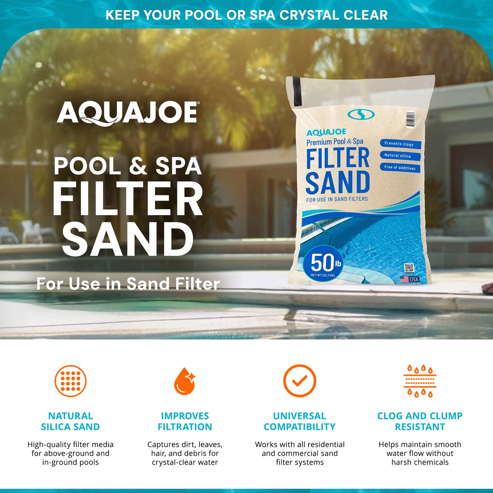 Aqua Joe Premium Pool & Spa Filter Sand for Swimming Pools, 50 lb, FLTSAND50 - VMInnovations