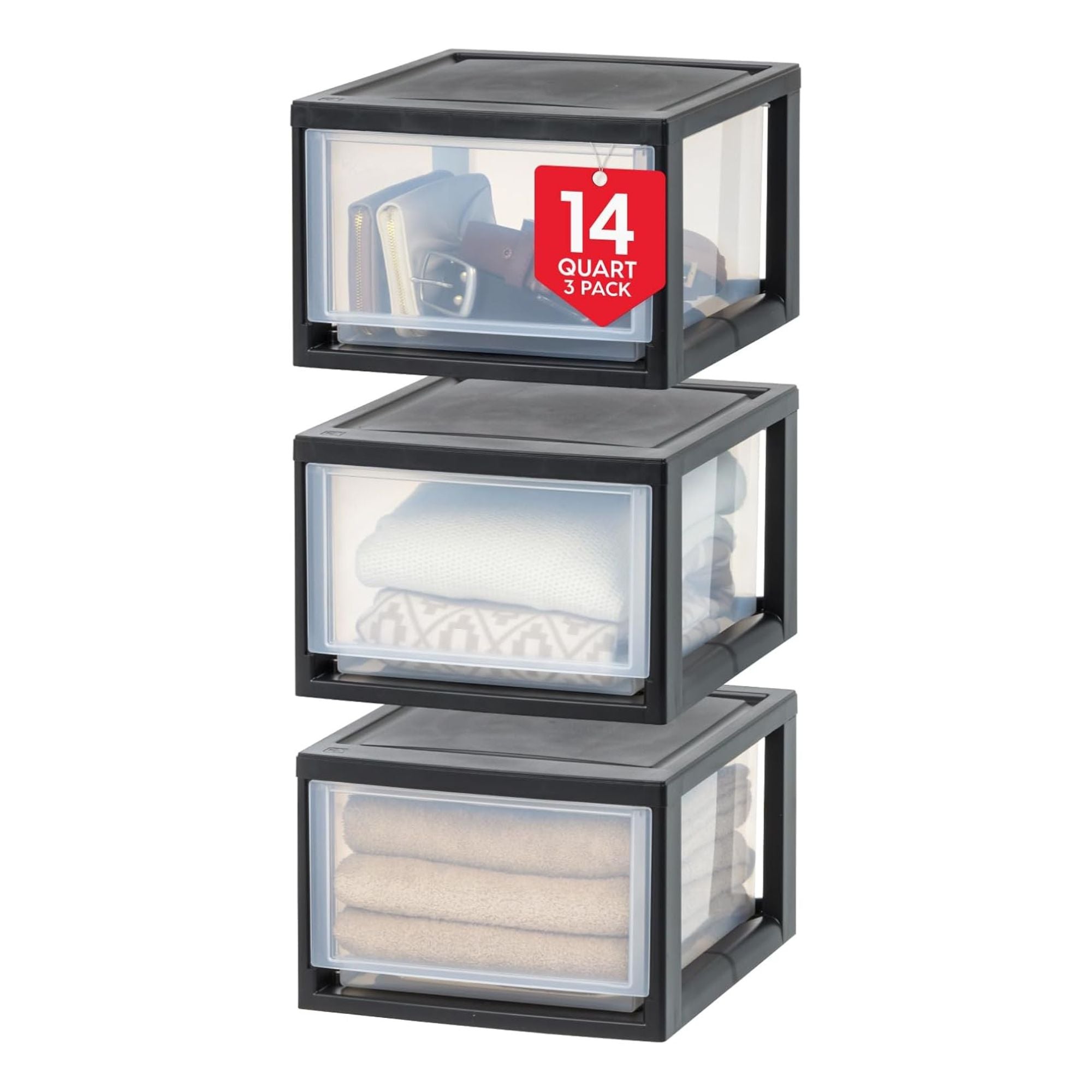 IRIS USA 6 Pack Plastic Drawer Storage Organizer, Stackable Unit, 14.5 Qt, Black