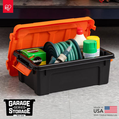 IRIS USA 4 Pack, 12 Gal Lockable Storage Bins Stackable Containers, Black/Orange