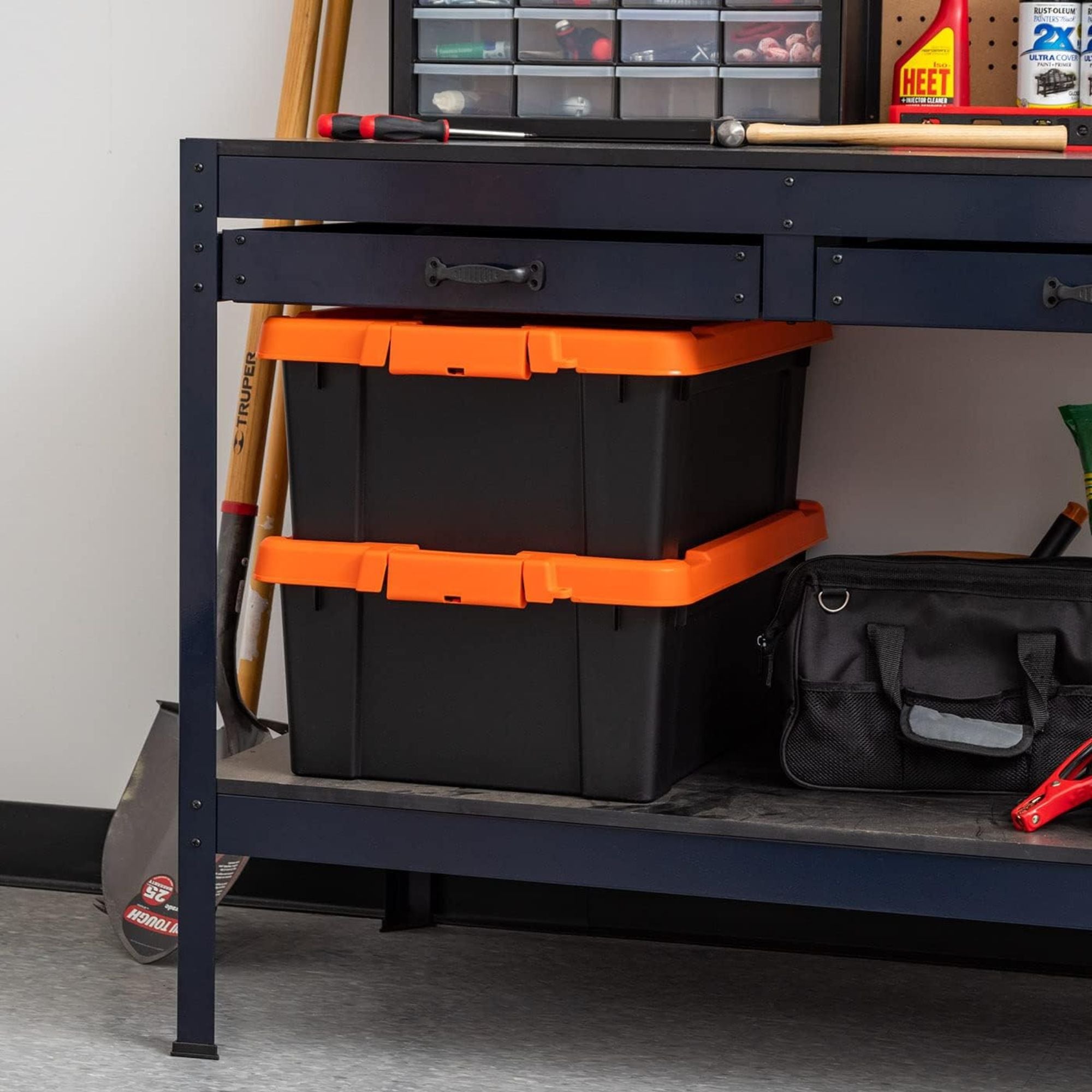 IRIS USA 4 Pack, 12 Gal Lockable Storage Bins Stackable Containers, Black/Orange