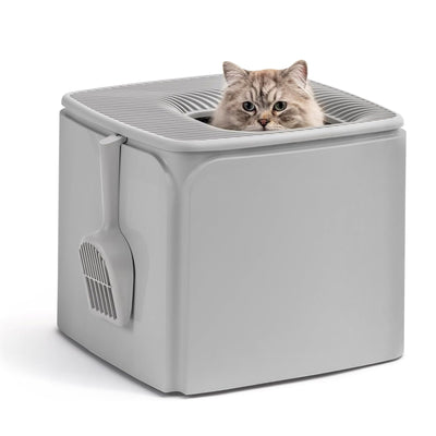IRIS USA Premium Top Entry Cat Litter Box with Scoop and Enclosed Design, Gray
