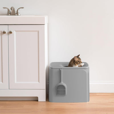IRIS USA Premium Top Entry Cat Litter Box with Scoop and Enclosed Design, Gray