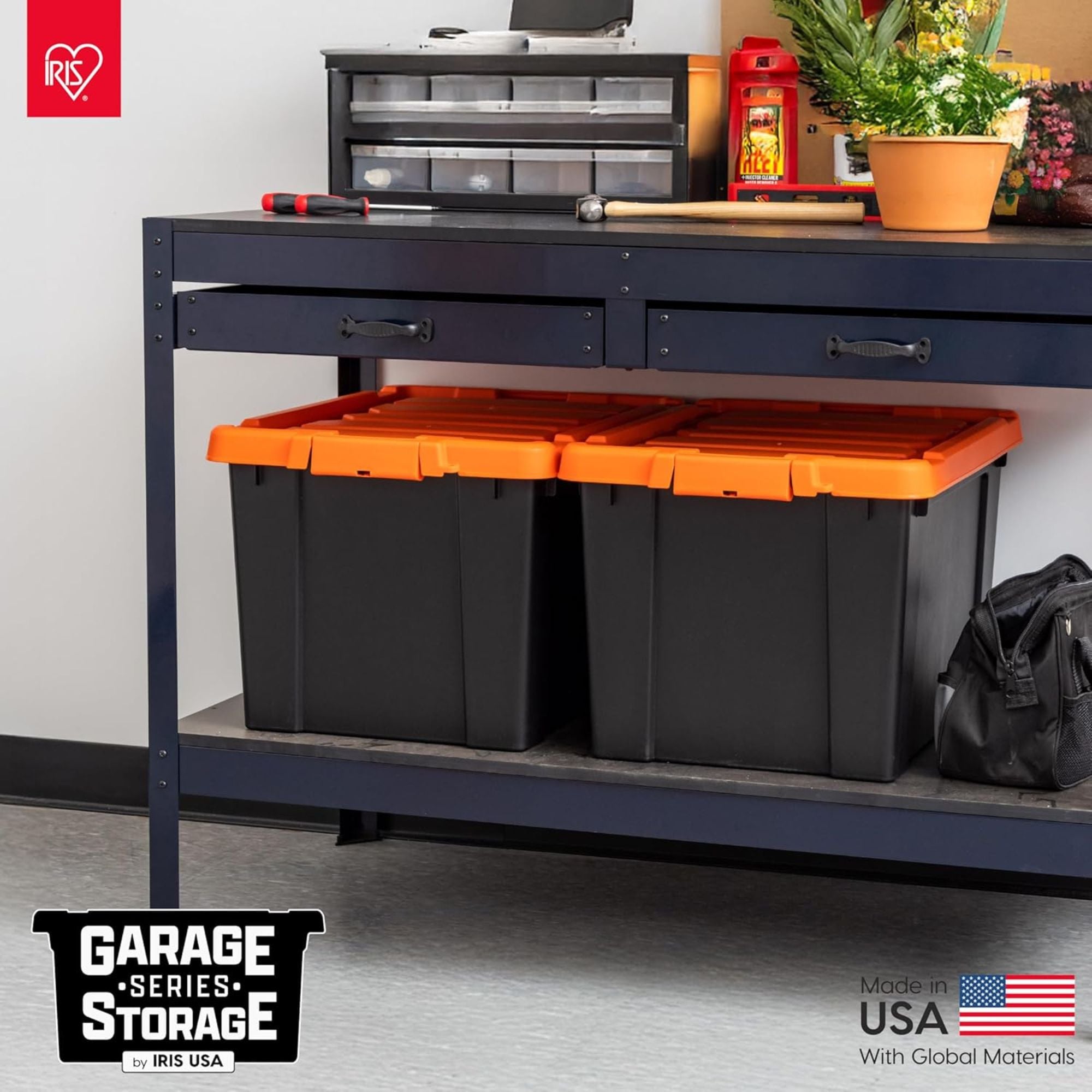 IRIS USA 2 Pack, 20 Gal Lockable Storage Bins Stackable Containers, Black/Orange