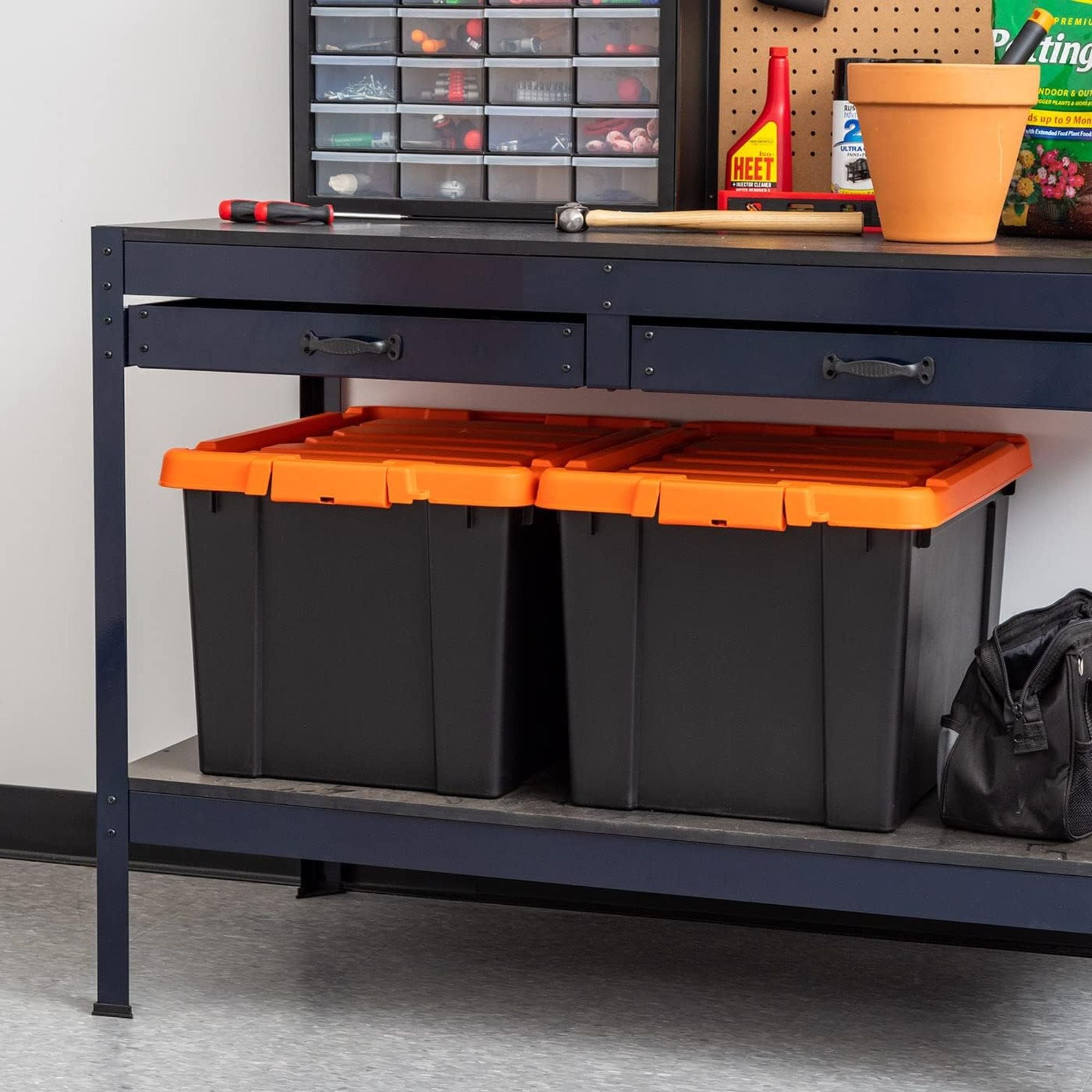 IRIS USA 2 Pack, 20 Gal Lockable Storage Bins Stackable Containers, Black/Orange
