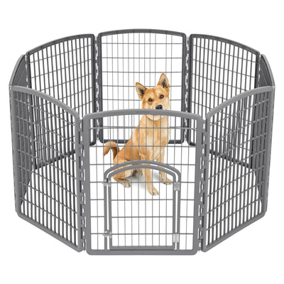 IRIS USA 8 Panel 34 Inch Dog and Pet Playpen with Door, Indoor or Outdoor, Grey