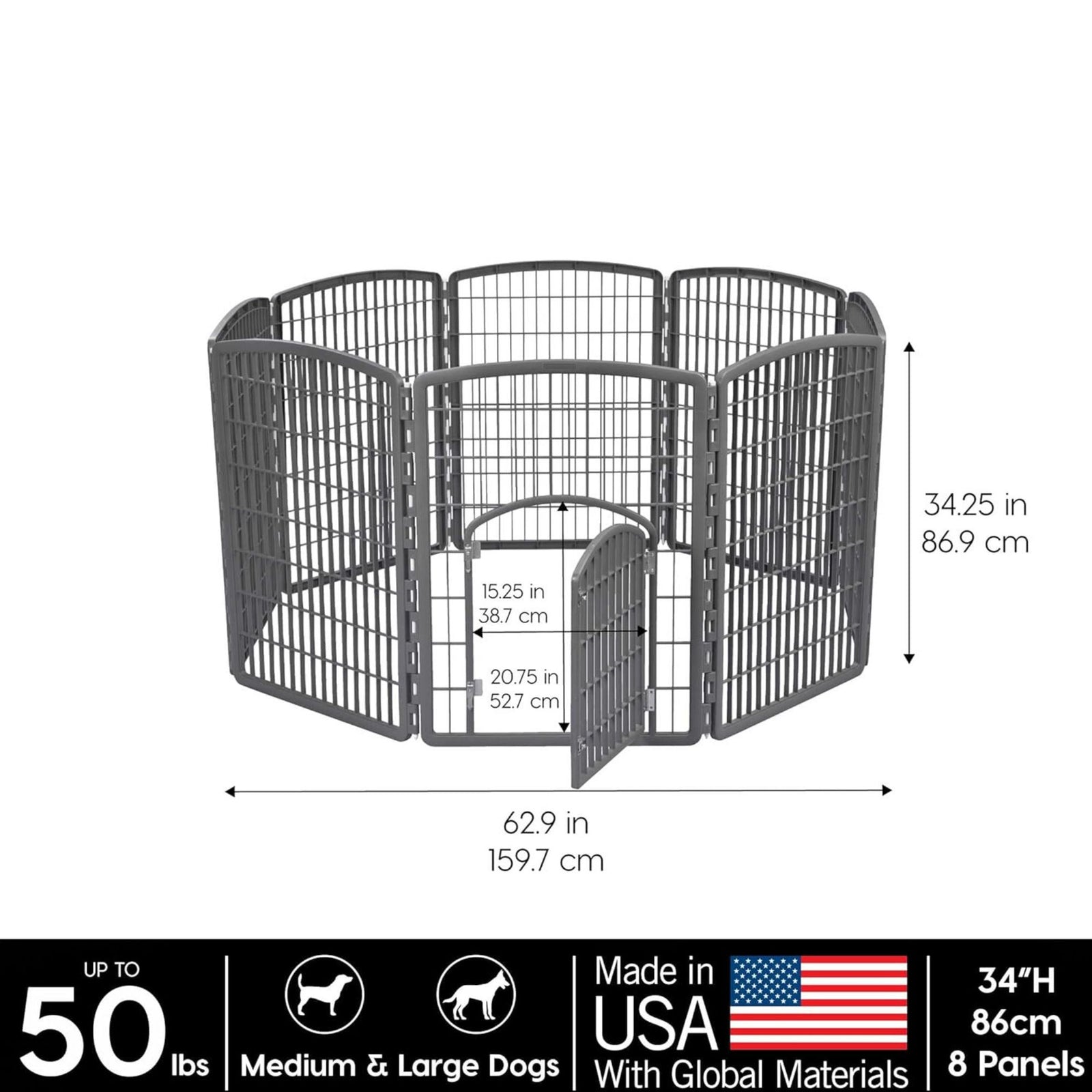 IRIS USA 8 Panel 34 Inch Dog and Pet Playpen with Door, Indoor or Outdoor, Grey - VMInnovations
