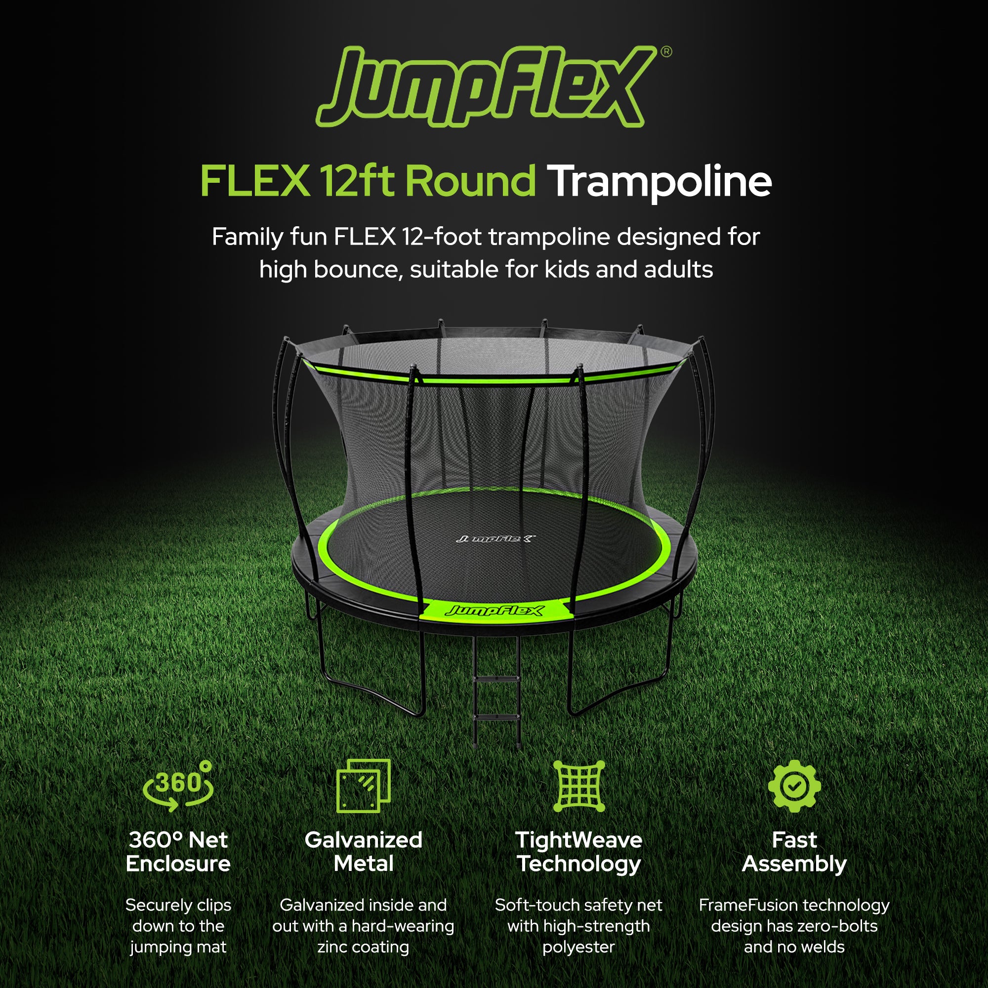 Jumpflex FLEX 12' Trampoline, Outdoor Play Equipment with PROJAM Basketball Hoop