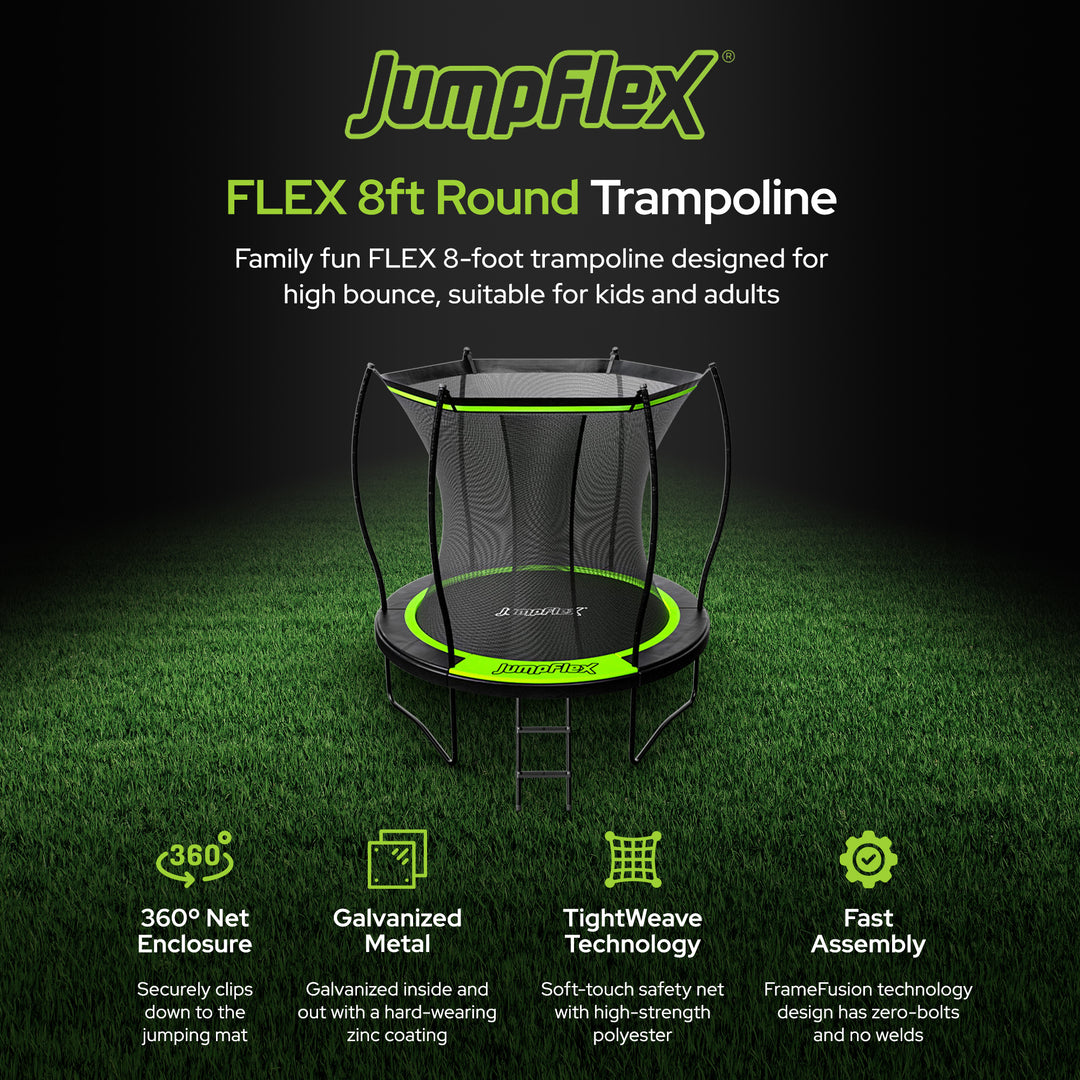 Jumpflex FLEX 8' Round Trampoline, Outdoor Play Equipment w/ Safety Net & Ladder