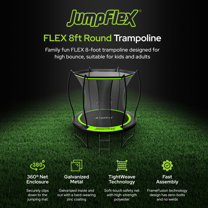 Jumpflex FLEX 8' Round Trampoline, Outdoor Play Equipment w/ Safety Net & Ladder