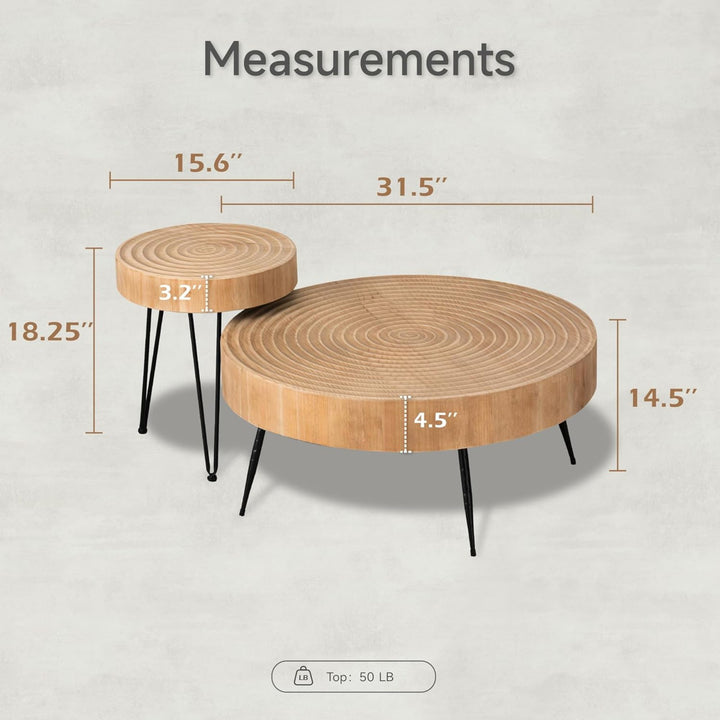 COZAYH 2 Piece Round Coffee Tables, Wooden Living Room Furniture, Ring Pattern