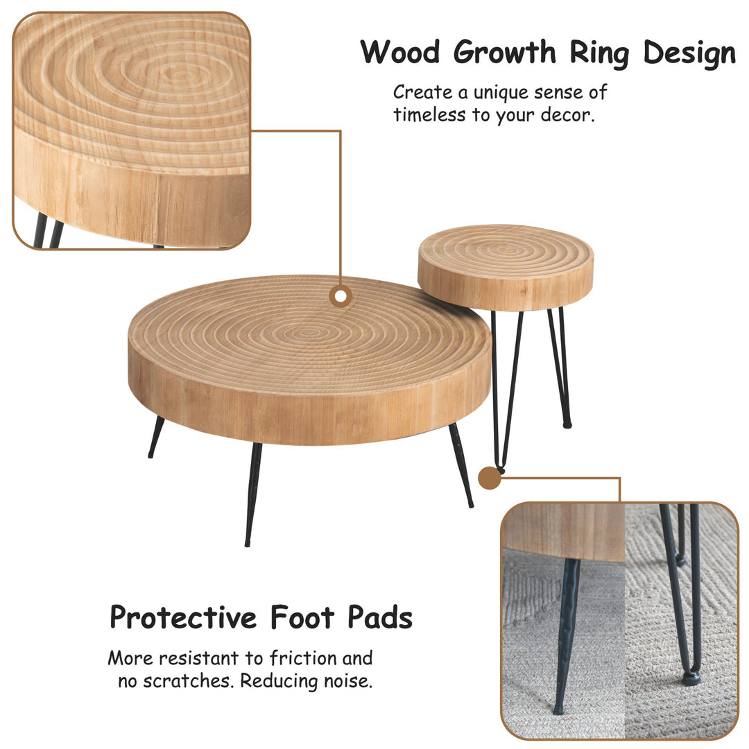 COZAYH 2 Piece Round Coffee Tables, Wooden Living Room Furniture, Ring Pattern
