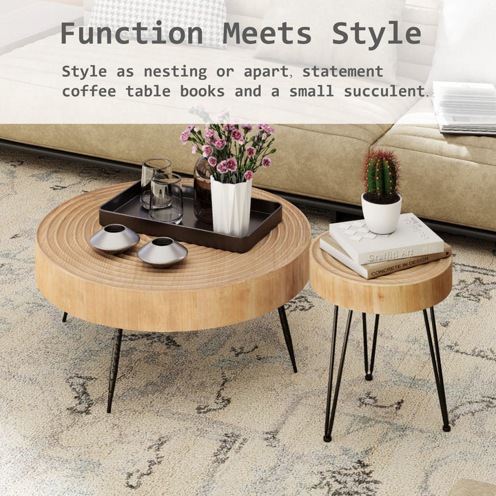 COZAYH 2 Piece Round Coffee Tables, Wooden Living Room Furniture, Ring Pattern
