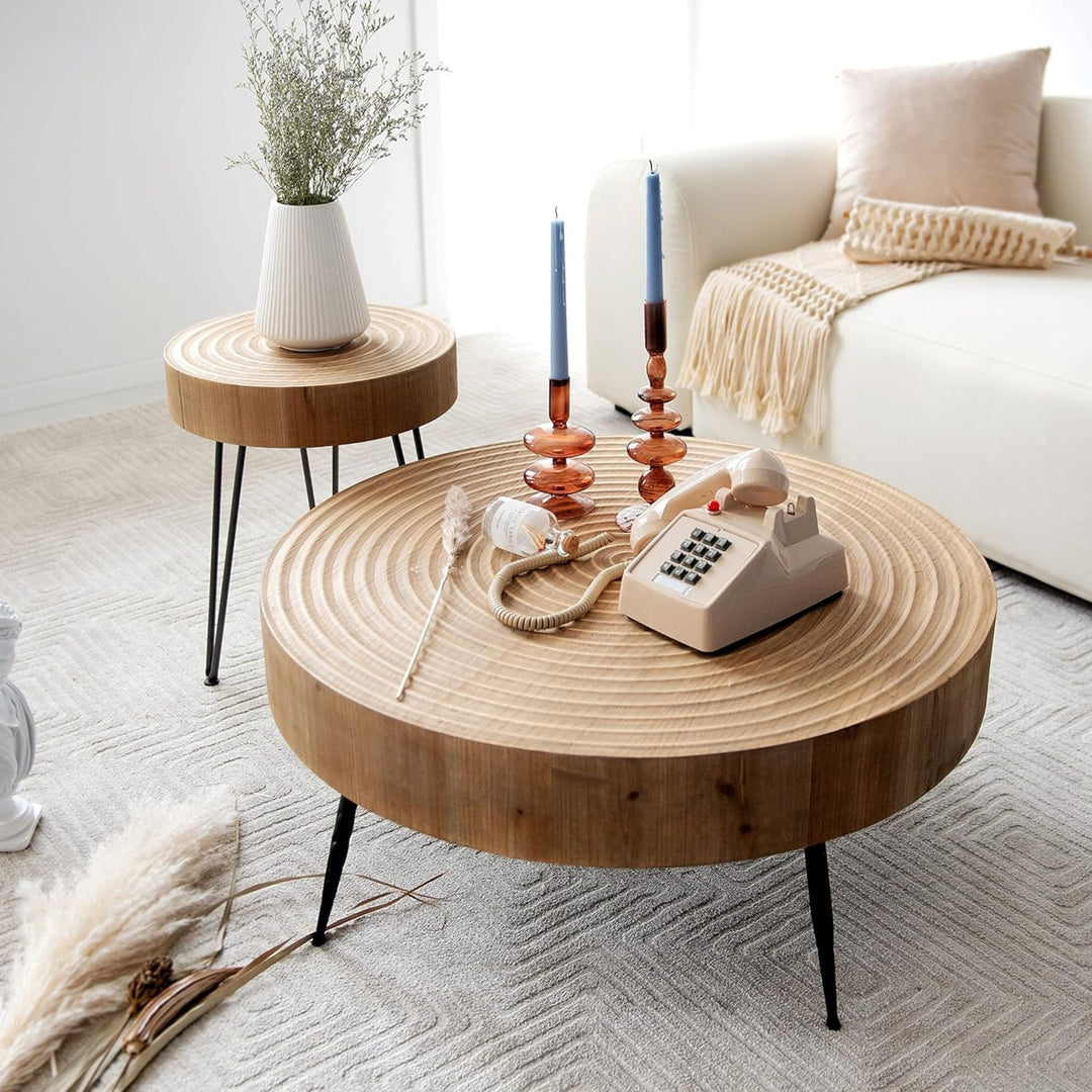COZAYH 2 Piece Wood Round Coffee Tables for Living Room, Ring Pattern (Open Box) - VMInnovations