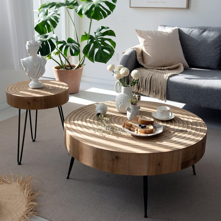COZAYH 2 Piece Wood Round Coffee Tables for Living Room, Ring Pattern (Open Box)