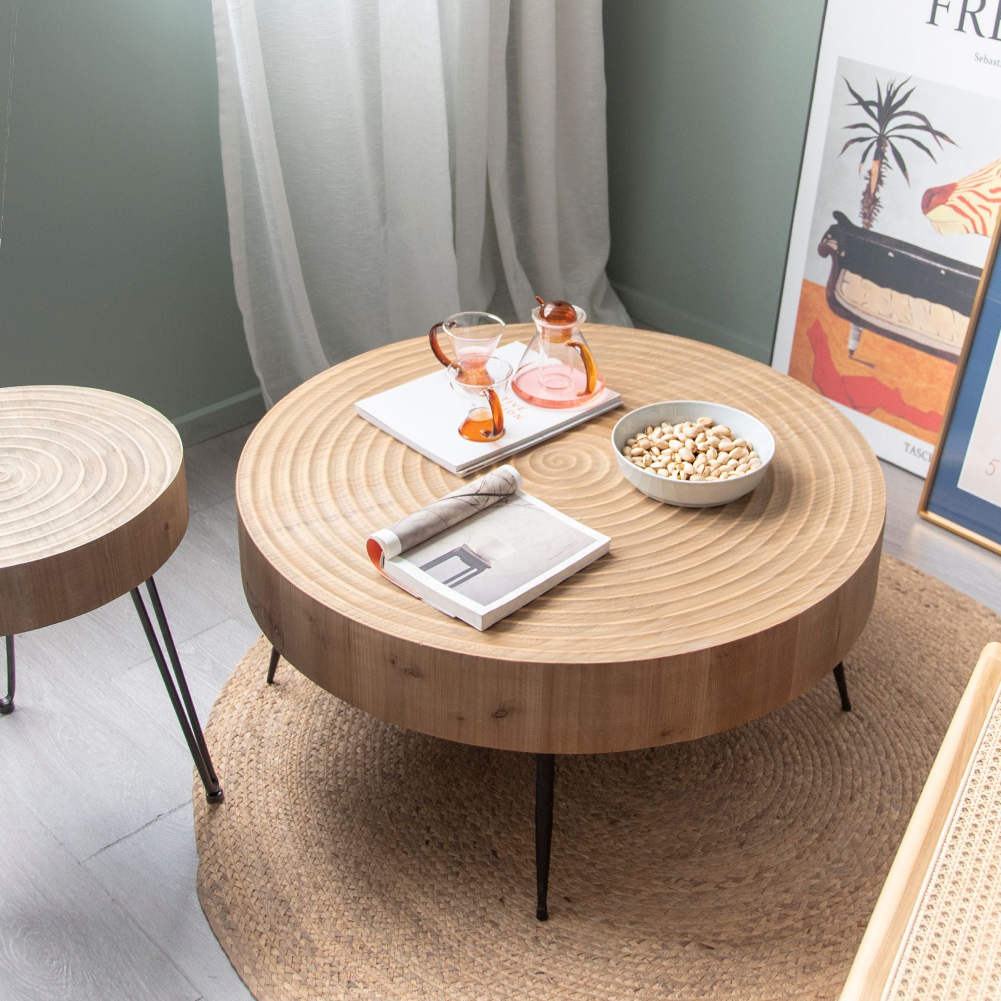 COZAYH 2 Piece Round Coffee Tables, Wooden Living Room Furniture, Ring Pattern