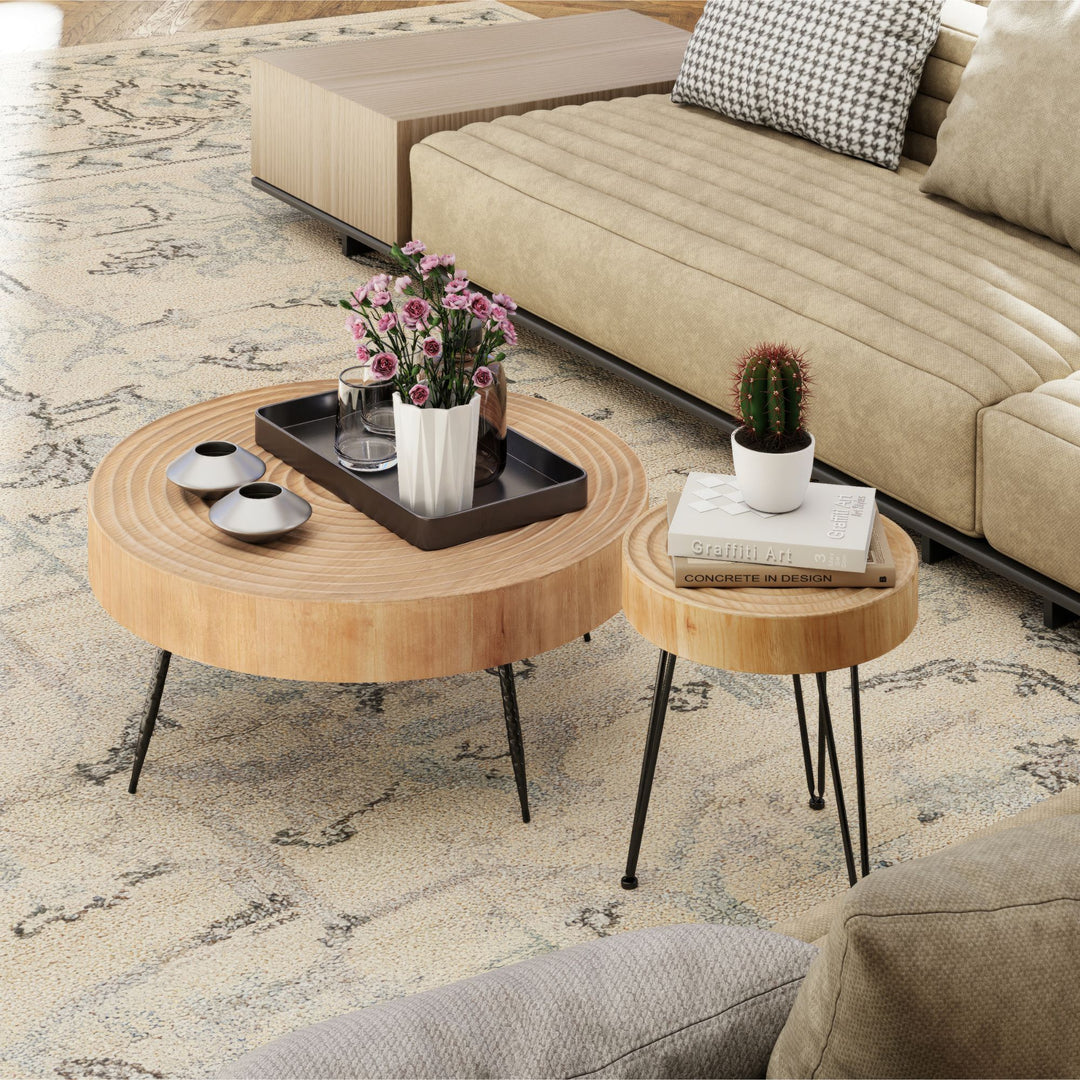 COZAYH 2 Piece Wood Round Coffee Tables for Living Room, Ring Pattern (Open Box)