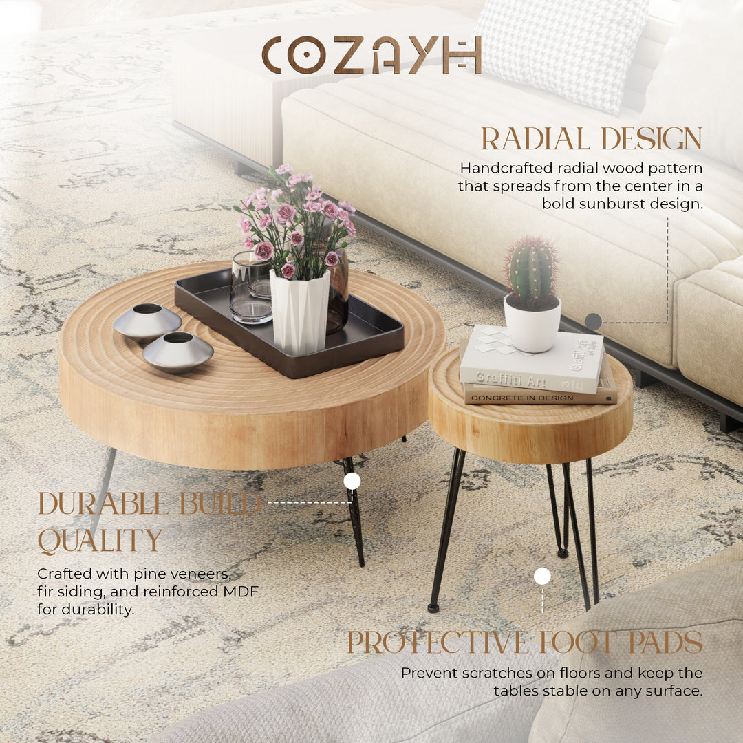 COZAYH 2 Piece Round Coffee Tables, Wooden Living Room Furniture, Ring Pattern