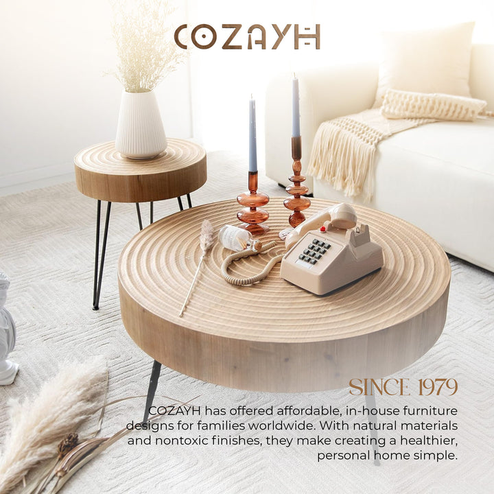 COZAYH 2 Piece Round Coffee Tables, Wooden Living Room Furniture, Ring Pattern