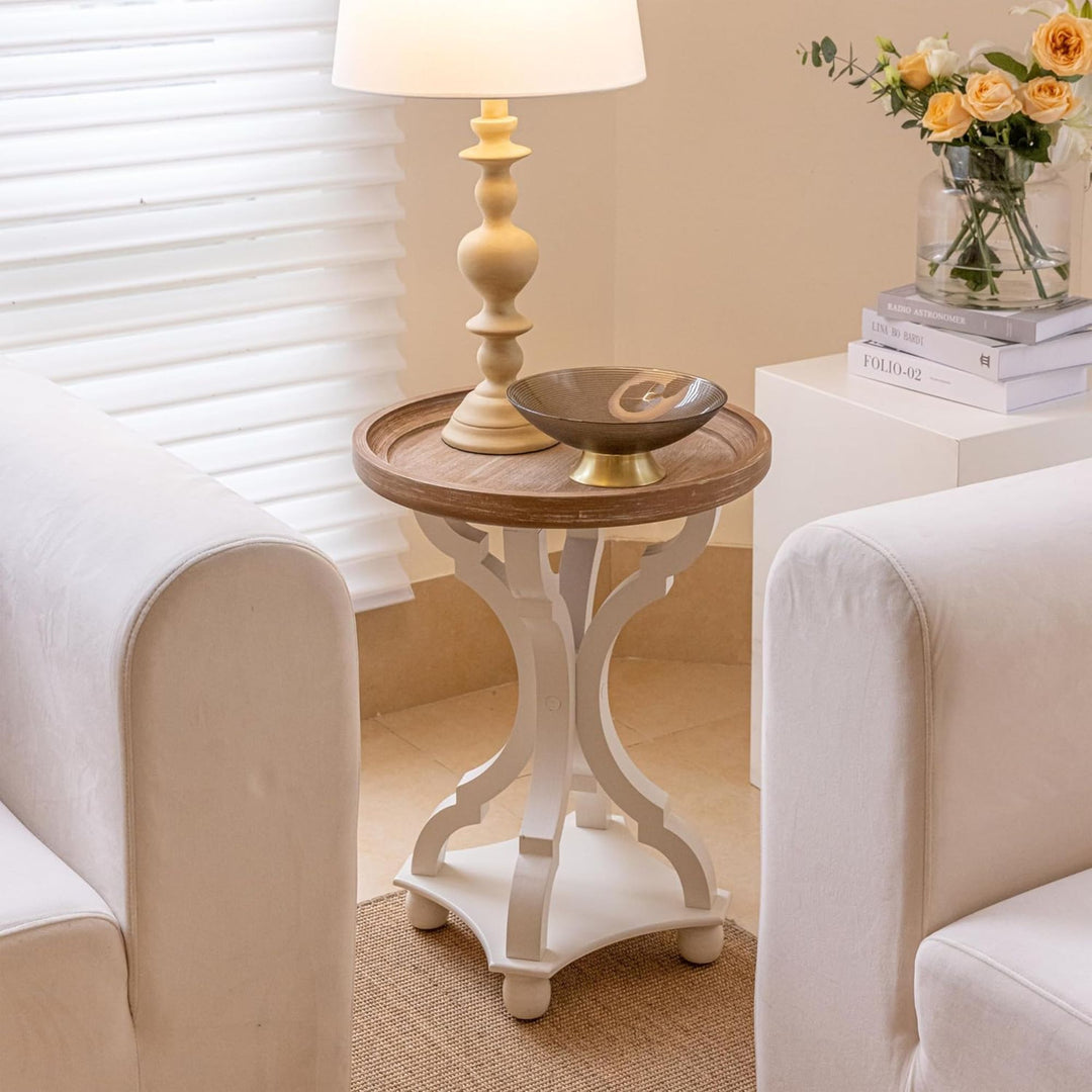 COZAYH Round Rustic Wood Accent Tray Top Nightstand Side Table, White, Set of 2 - VMInnovations