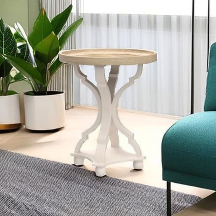 COZAYH Round Rustic Wood Accent Tray Top Nightstand Side Table, White, Set of 2