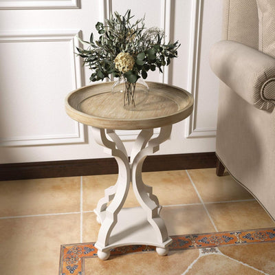 COZAYH Round Rustic Wooden Accent Tray Top Nightstand Side Table, White Legs (For Parts)