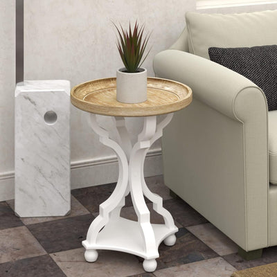 COZAYH Round Rustic Wooden Accent Tray Top Nightstand Side Table, White Legs (For Parts)