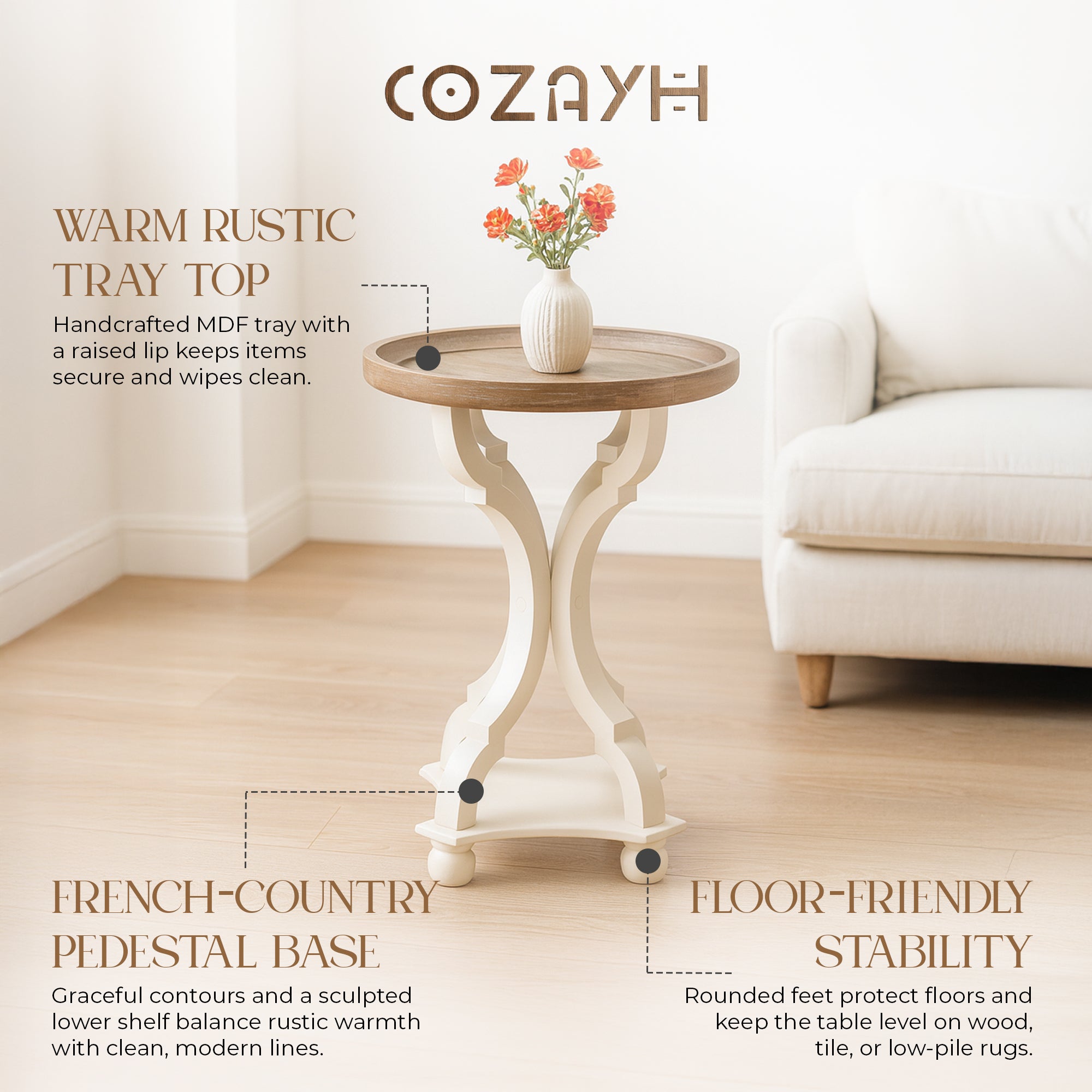 COZAYH Round Rustic Wooden Accent Tray Top Nightstand Side Table, White Legs (For Parts)