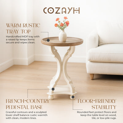 COZAYH Round Rustic Wooden Accent Tray Top Nightstand Side Table, White Legs (For Parts)