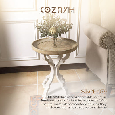 COZAYH Round Rustic Wooden Accent Tray Top Nightstand Side Table, White Legs (For Parts)
