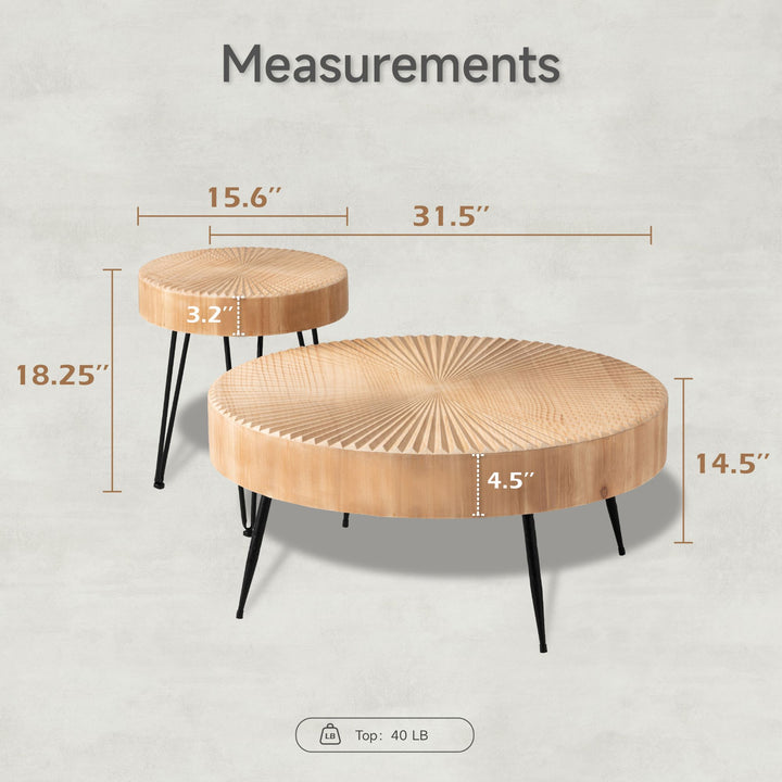 COZAYH 2 Piece Round Coffee Tables, Wooden Living Room Furniture, Radial Pattern