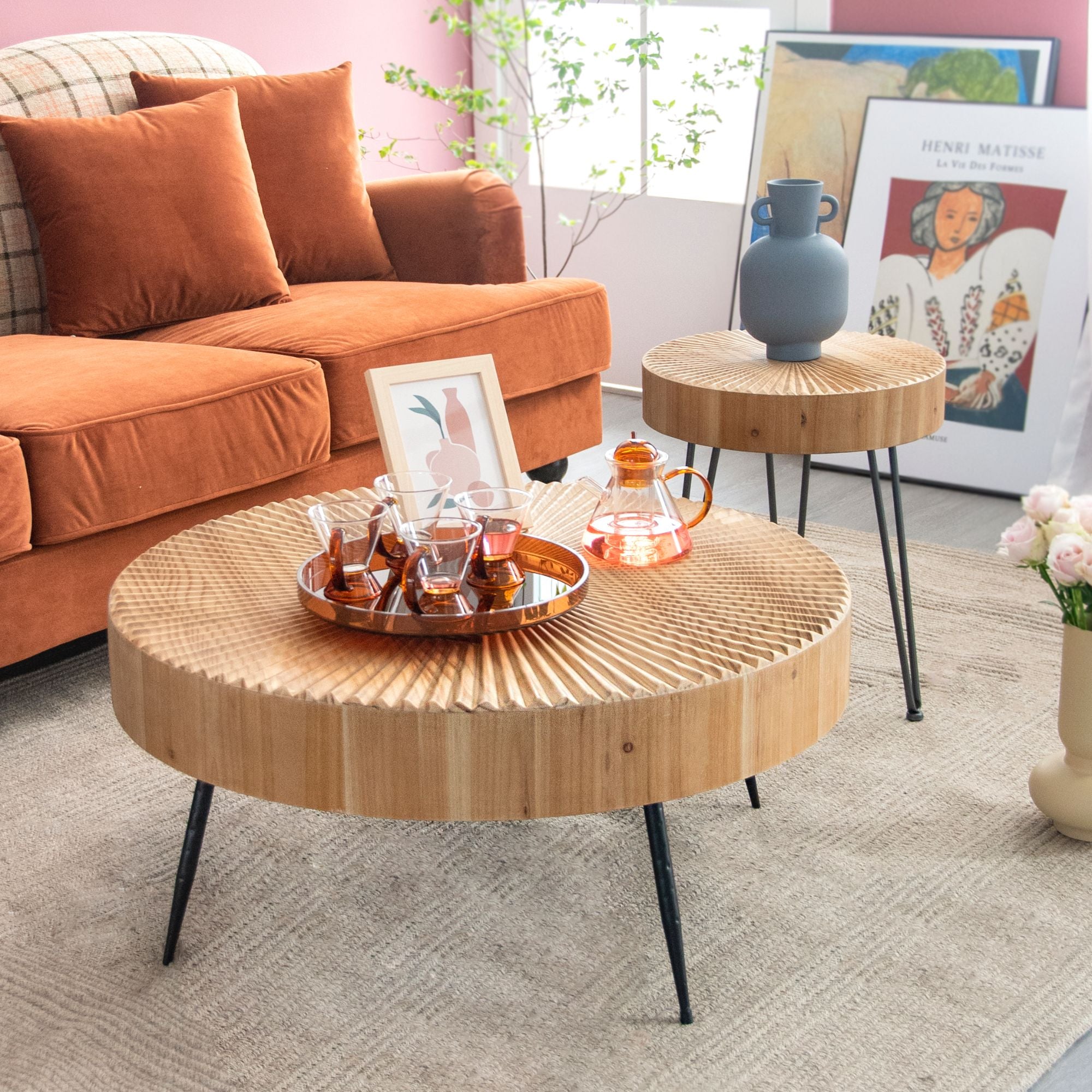 COZAYH 2 Piece Round Coffee Tables, Wood Living Room Furniture, Radial, Set of 2