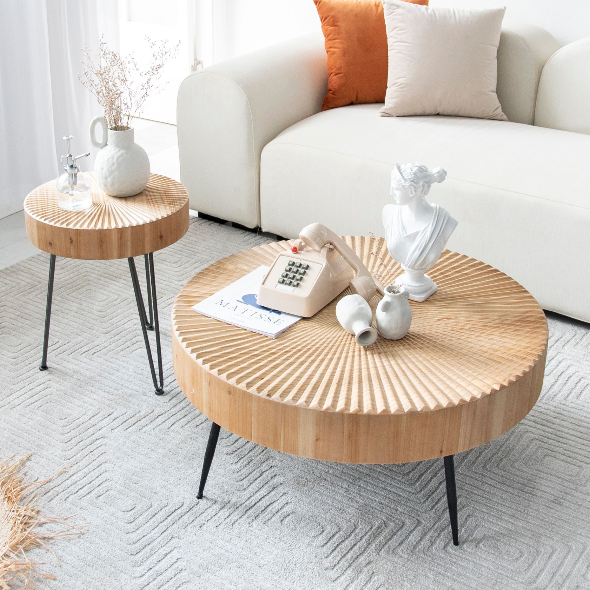 COZAYH 2 Piece Round Coffee Tables, Wood Living Room Furniture, Radial, Set of 2