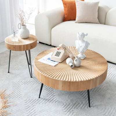 COZAYH 2 Piece Round Coffee Tables, Wood Living Room Furniture, Radial, Set of 2