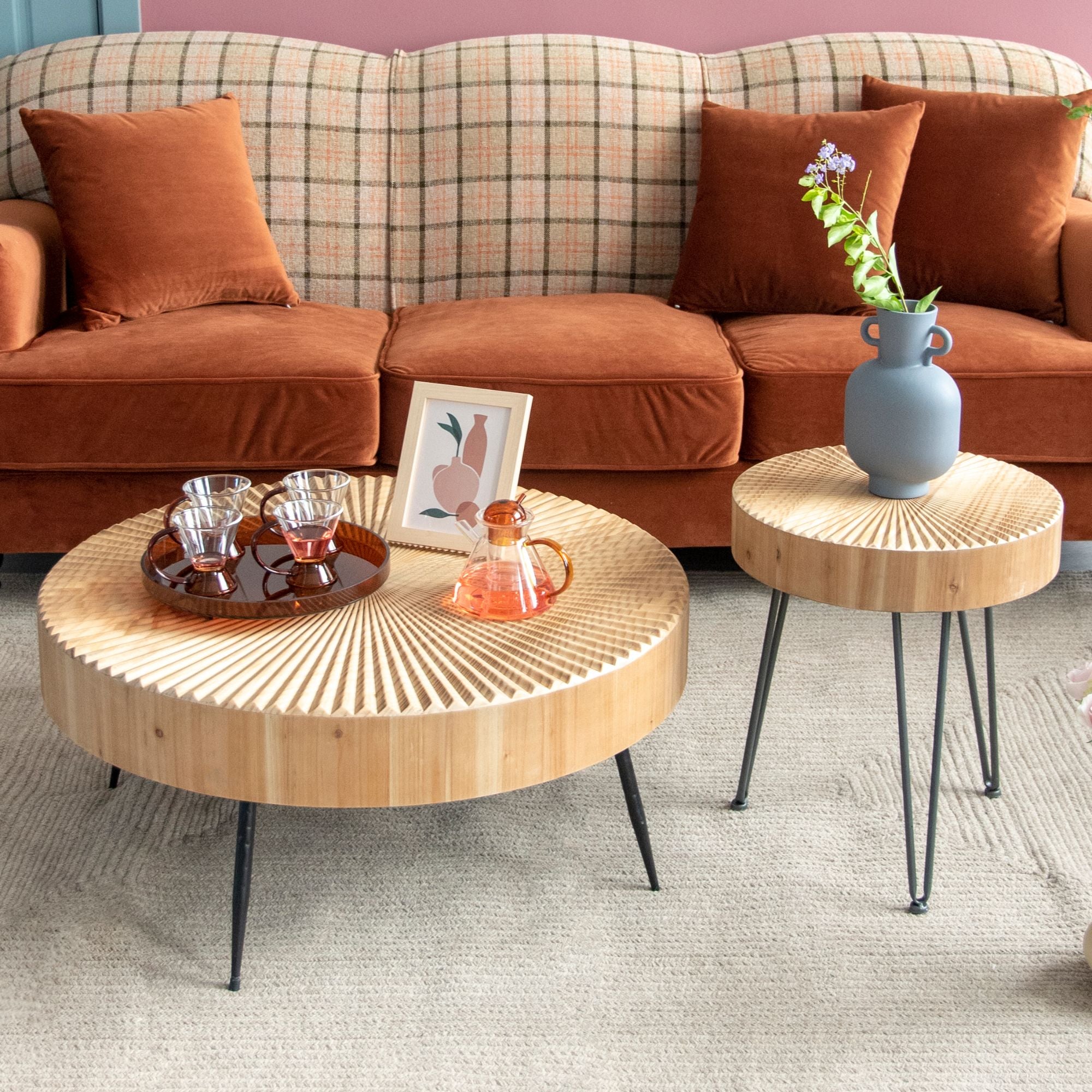 COZAYH 2 Piece Round Coffee Tables, Wood Living Room Furniture, Radial, Set of 2