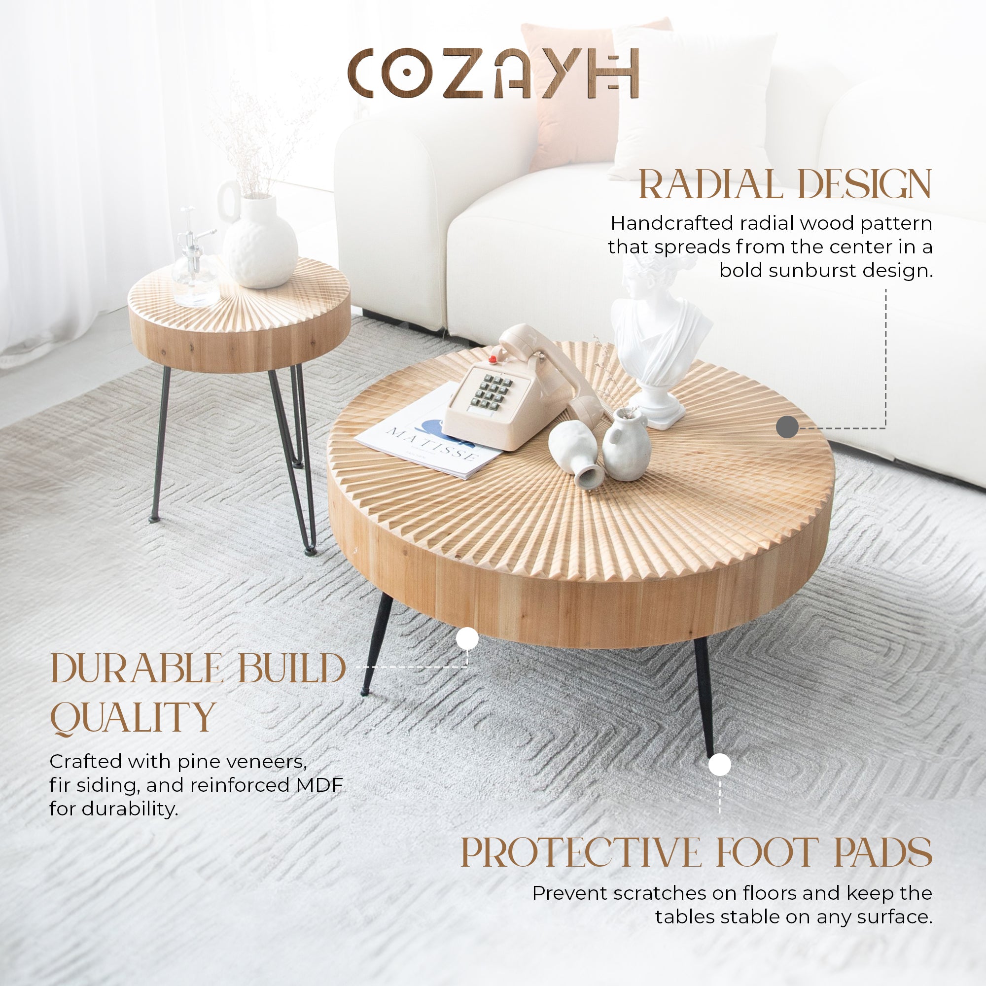 COZAYH 2 Piece Round Coffee Tables, Wood Living Room Furniture, Radial, Set of 2