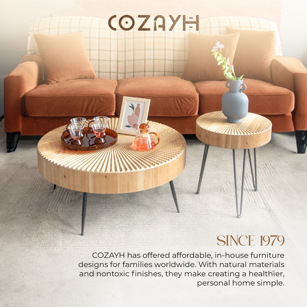 COZAYH 2 Piece Round Coffee Tables, Wooden Living Room Furniture, Radial Pattern