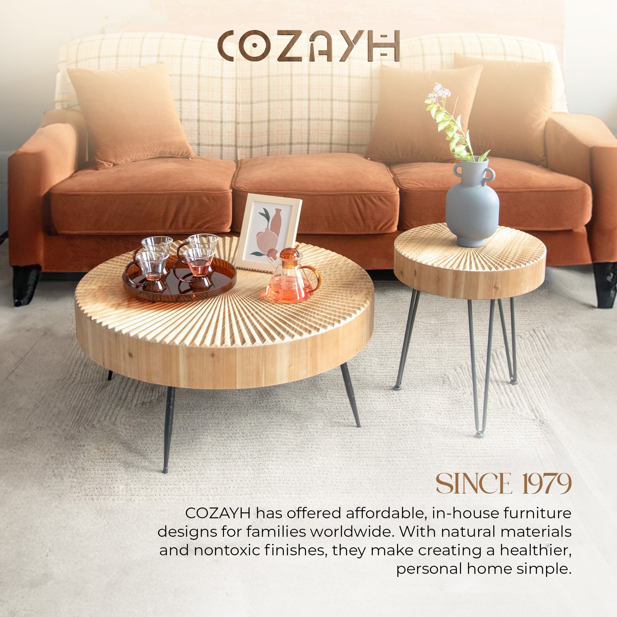 COZAYH 2 Piece Round Coffee Tables, Wood Living Room Furniture, Radial, Set of 2
