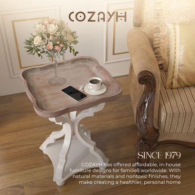 COZAYH Square Rustic Wooden Accent Tray Top Nightstand Side Table, Set of 2