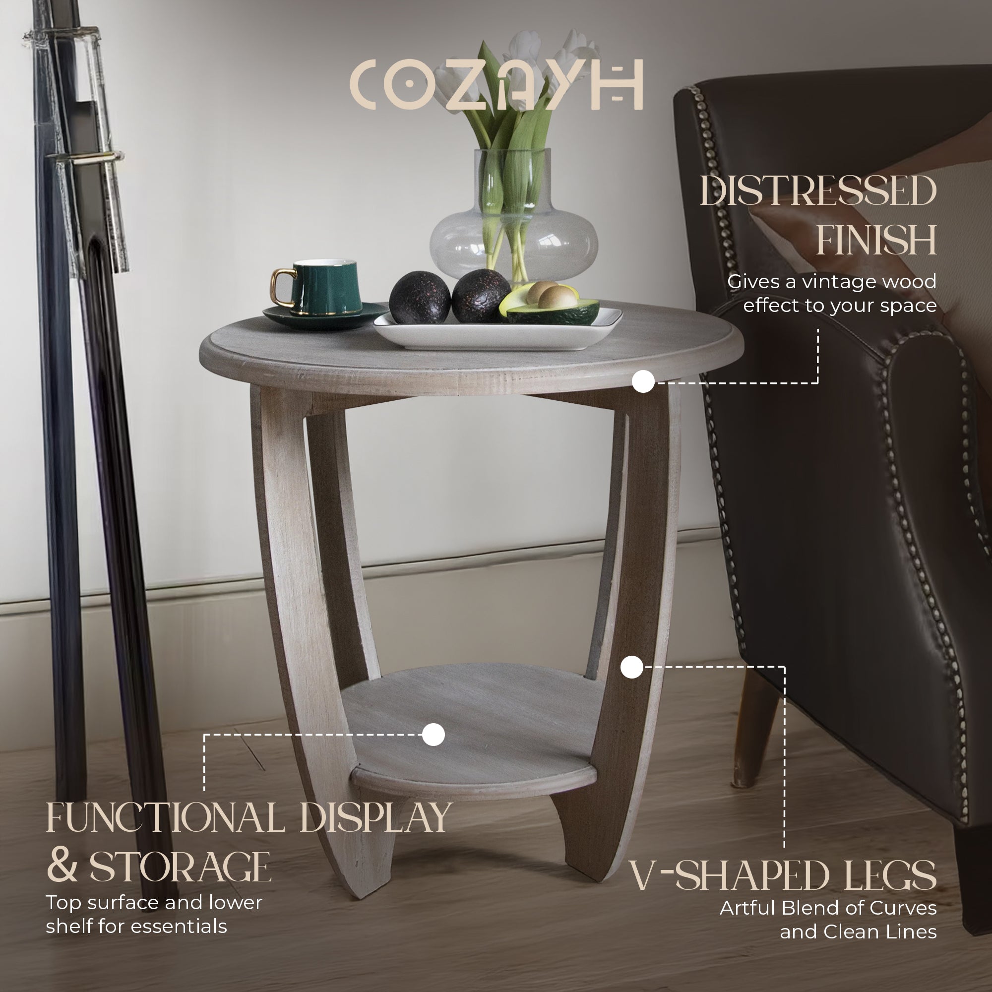 COZAYH Rustic Farmhouse Wooden End Table with Storage Shelf, Vintage Grey Finish